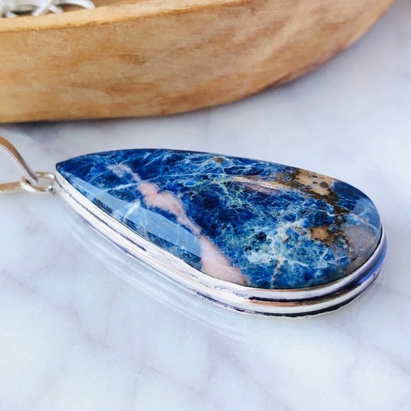 Silver Plated Blue Sodalite Pear Shape Statement Boho Necklace - Picture 8 of 10
